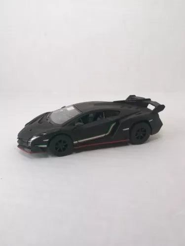 1/36 scale diecast race car model, black with red trim and spoiler