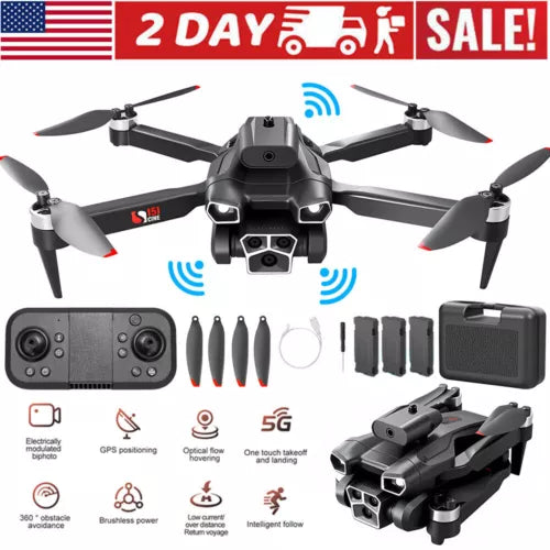 Brushless quadcopter drone with 8K triple camera, obstacle avoidance, foldable arms and propellers
