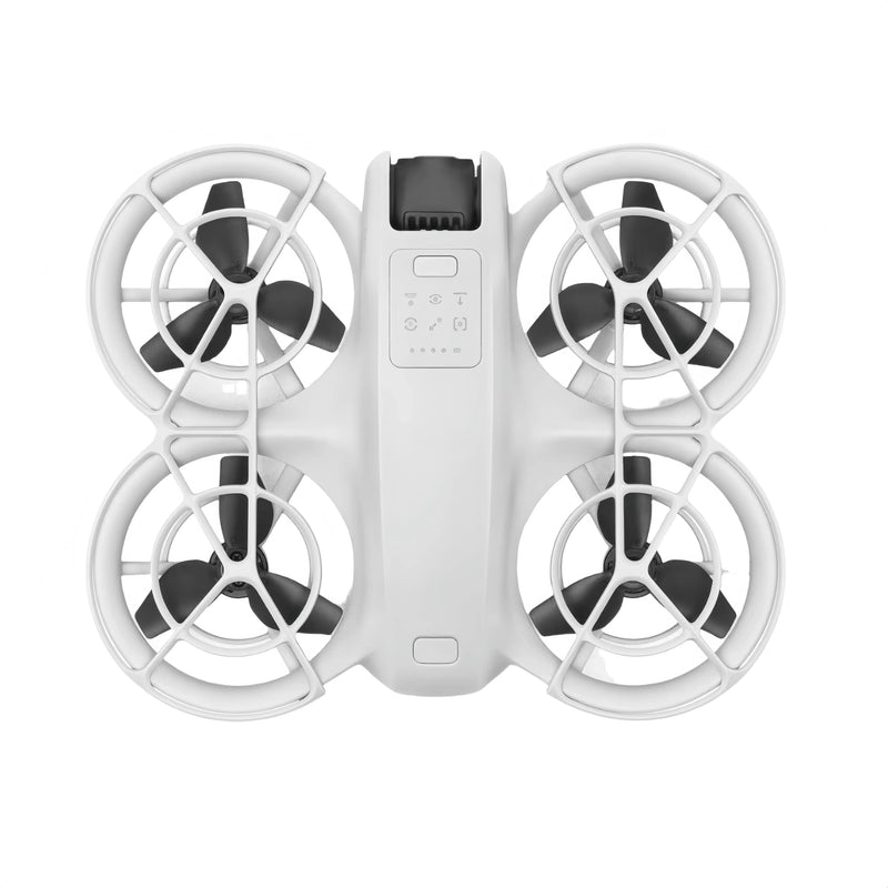 White quadcopter drone with four propellers and central controller panel