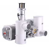 Twin-cylinder gasoline model engine with side exhaust and finned cooling, manual start