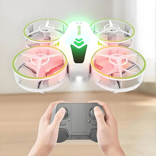 Mini quadcopter RC drone with green lights and handheld controller, for kids