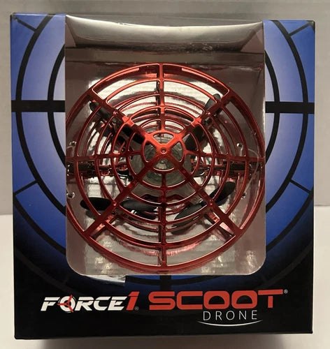 Red LED indoor hand-operated drone with circular rotor guard in retail box