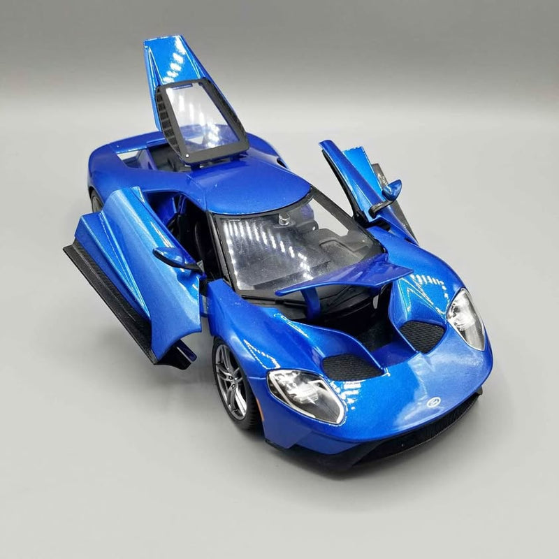Diecast Ford GT model car in blue with open scissor doors