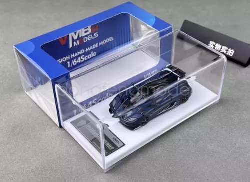 Blue racing sports car model toy in clear display box, 1:64 scale resin diecast