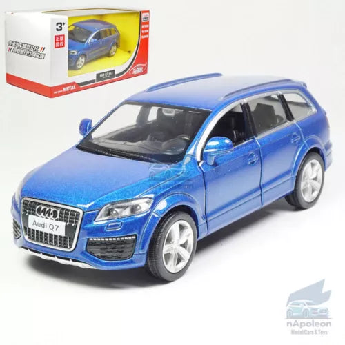 Blue Audi Q7 alloy diecast toy car, front three-quarter view with grille and headlights
