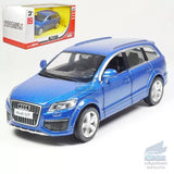 Blue Audi Q7 alloy diecast toy car, front three-quarter view with grille and headlights