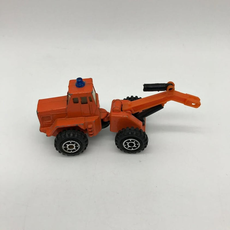 Orange diecast hydraulic excavator toy with extended arm and bucket, front view.
