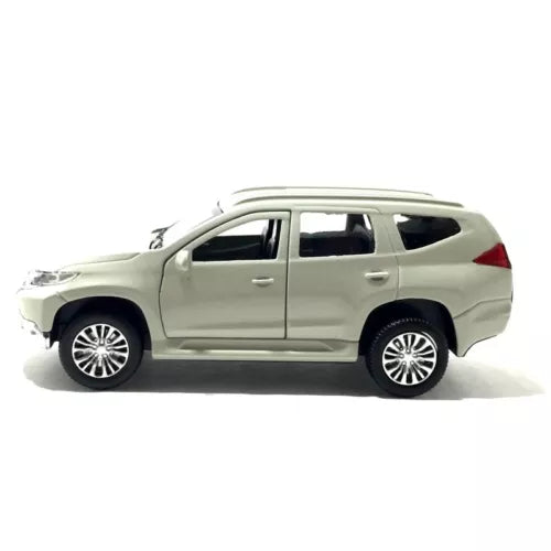 Mitsubishi Pajero Sport diecast SUV toy car, light gray, 1/36 scale, side view