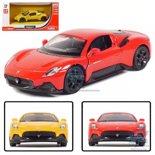 Maserati MC20 1:36 diecast model car, red with black accents, detailed wheels