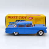 Blue diecast model car with chrome bumper and whitewall-style wheels, 4-door sedan.