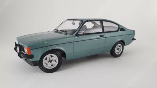 1:18 scale diecast coupe model car in teal, with black wheels and grille