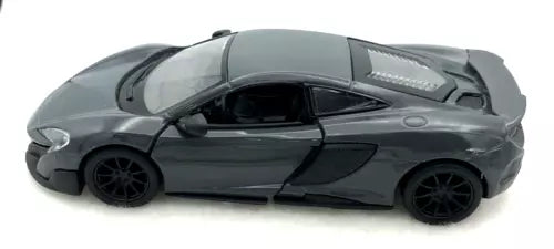 Gray diecast sports car model, side view with black wheels and windows