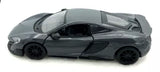 Gray diecast sports car model, side view with black wheels and windows