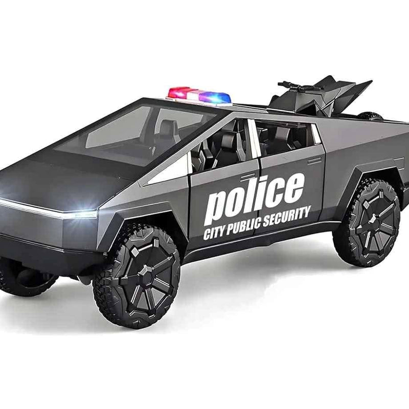 Diecast police Cybertruck car in dark gray with “police city public security”