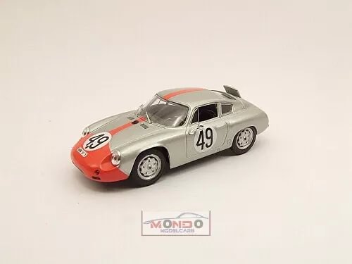 Diecast race car model of a gray Porsche with red front and number 49