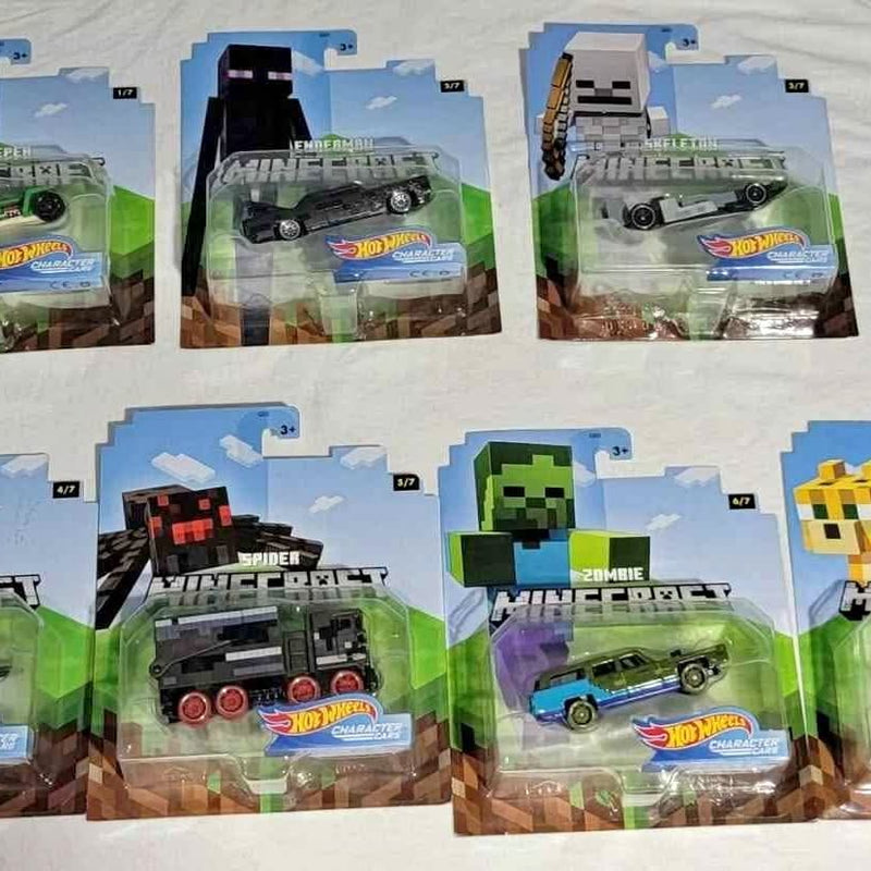 Hot Wheels diecast car set in blister packaging for Minecraft character models