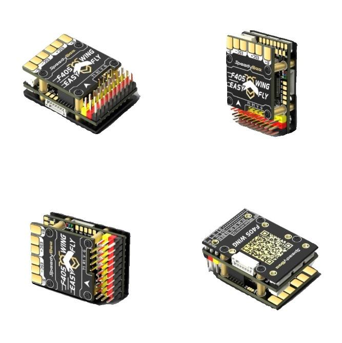 SpeedyBee F405 Mini flight controller board with pin headers and cooling fins