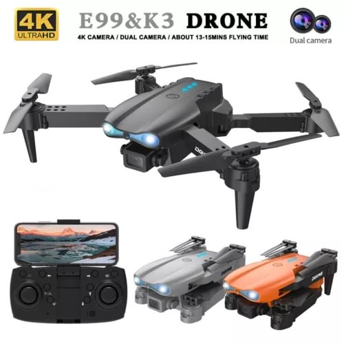 Gray obstacle-avoidance quadcopter drone with camera and remote controller, four propellers
