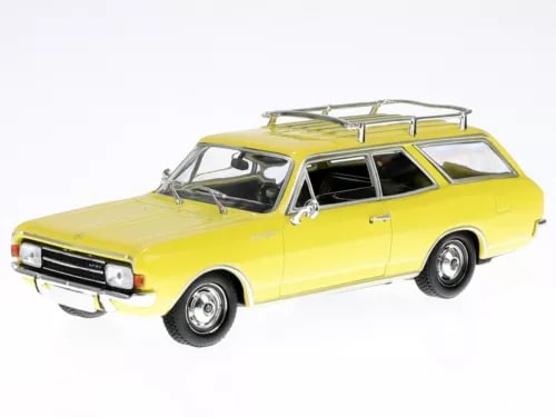 Yellow diecast station wagon model car with roof rack, front-left view