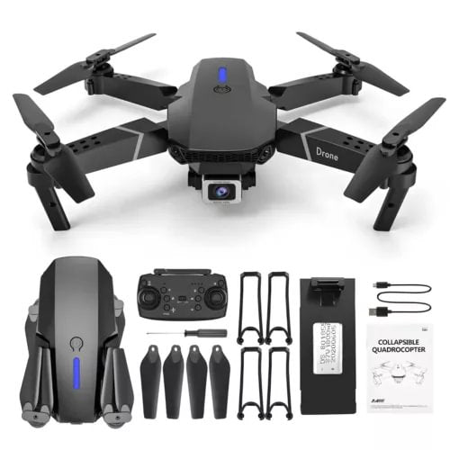 Quadcopter drone with dual camera and four propeller arms, black foldable design