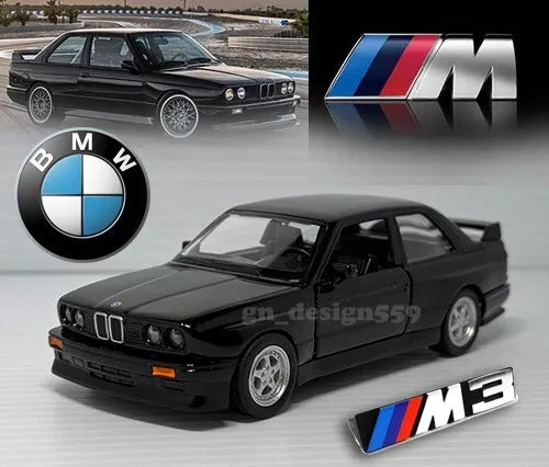 Black BMW M3 E30 diecast model car, front three-quarter view with M3 badge