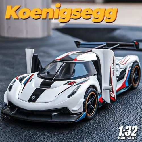 Koenigsegg Jesko kids diecast toy car model, white with black and red accents, 1:32