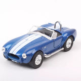 Blue diecast pull-back sports car model with white racing stripes and chrome details