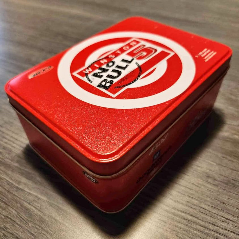 Red NASCAR diecast display tin with white circular logo lid