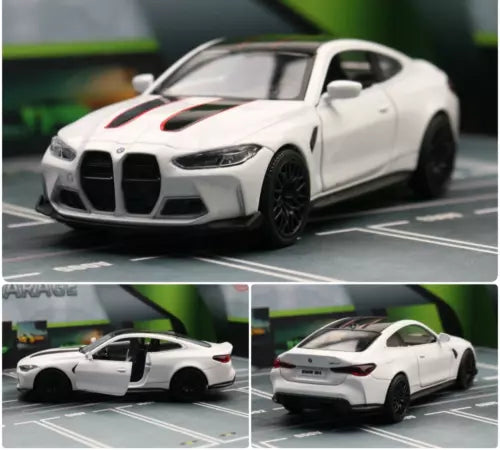 White BMW M4 1/36 scale diecast model car with black grille and alloy wheels