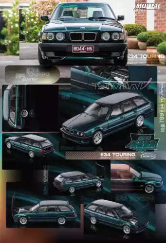 Diecast BMW E34 M5 Touring wagon model, dark teal, front and side views