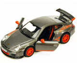 Grey pull-action diecast toy car model with orange wheels and open hood