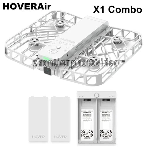 HOVERAir X1 Combo pocket drone with white frame and camera module, plus battery packs