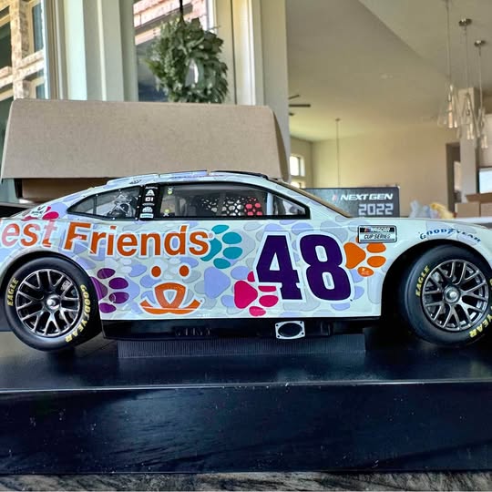 NASCAR diecast car with teal, purple and orange graphics, front view, #48