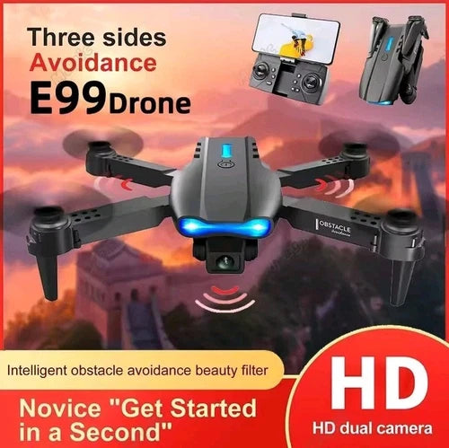 Gray quadcopter drone with dual cameras and blue LED lights