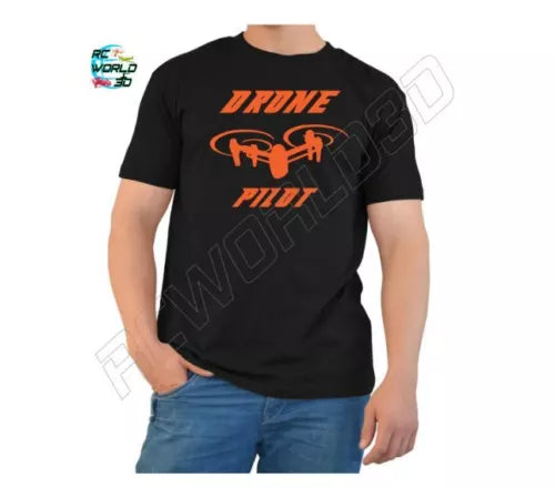 Black cotton T-shirt with orange drone graphic and DRONE PILOT text