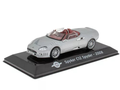 Spyker C12 Spyder diecast car model, silver with red interior on display base