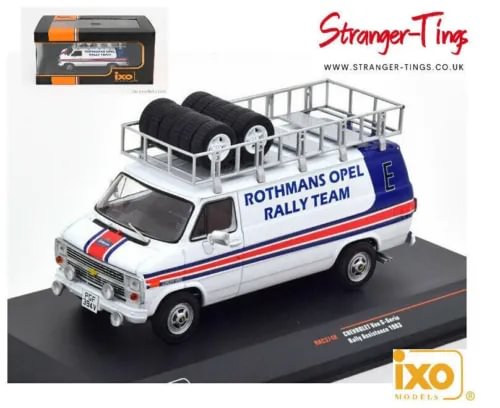 White diecast rally van model with Rothmans Opel Rally Team markings and roof rack