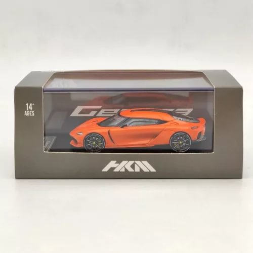 Orange 1:64 diecast supercar model in display box with clear window