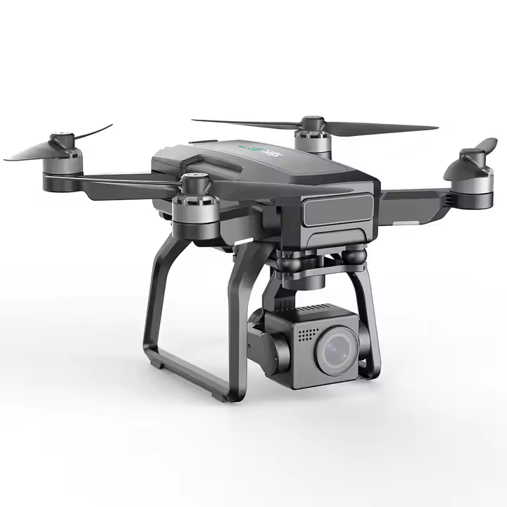Foldable quadcopter drone with front gimbal camera, dark gray body and propellers.