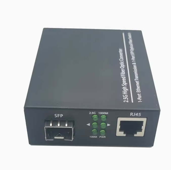 2.5G GPON fiber optic transceiver with SFP and RJ45 ports, status LEDs
