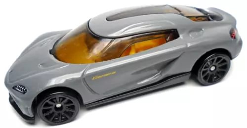 Hot Wheels diecast sports car, gray with black wheels and tinted windows