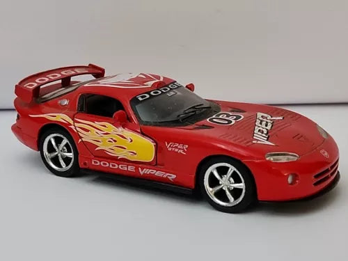 Red 1/36 scale diecast sports car toy with Dodge Viper decals and flame graphics