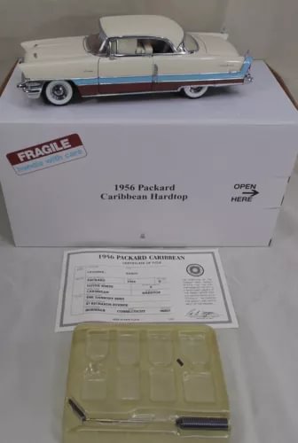 1956 Packard Caribbean hardtop diecast car model, pale blue and white, in box