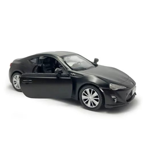 Matte black 1:36 diecast model car with open doors and pull-back