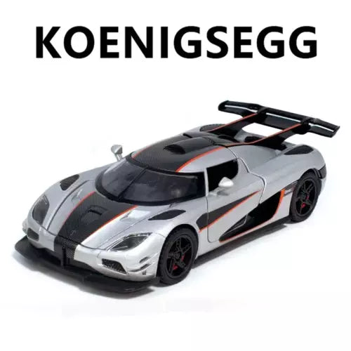 1:32 scale alloy sports car model in gray with black vents and red wheel accents