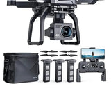 Drone with 4K camera, remote controller, batteries, propellers, and carrying bag