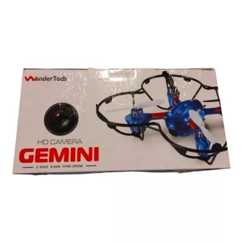 WonderTech Gemini quadcopter drone with HD camera, blue propellers, in retail box