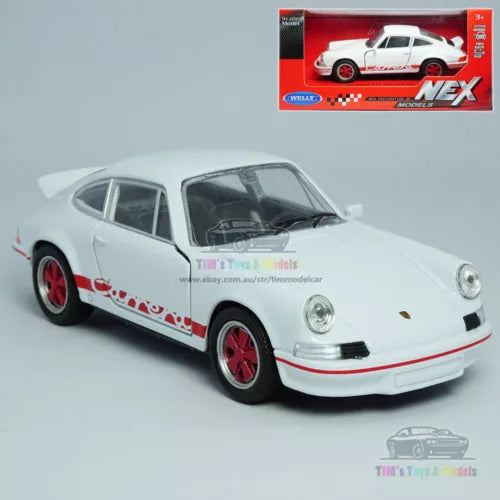 White diecast model car with red wheels and racing decals, front 3/4 view