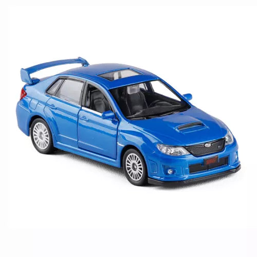 1:36 Subaru WRX STI diecast model car, blue sedan with black hood and windows