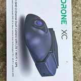 Drone dash cam with circular lens and mount, dark blue-gray body
